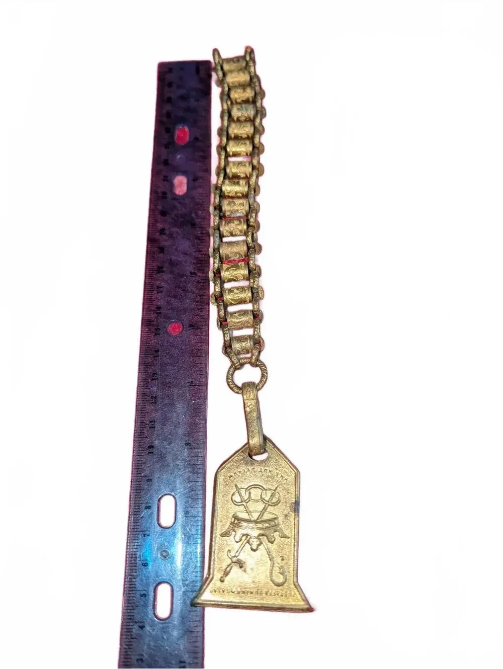 Vintage Brass Chain Bracelet with Crest Pendant